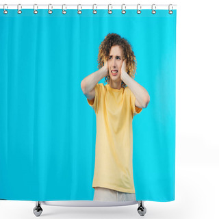 Personality  Stressed Curly Teenager Covering Ears With Hands Isolated On Blue Shower Curtains