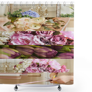 Personality  Collage Of Blue, Purple, Pink Flowers And Woman Cutting Ribbon With Scissors  Shower Curtains
