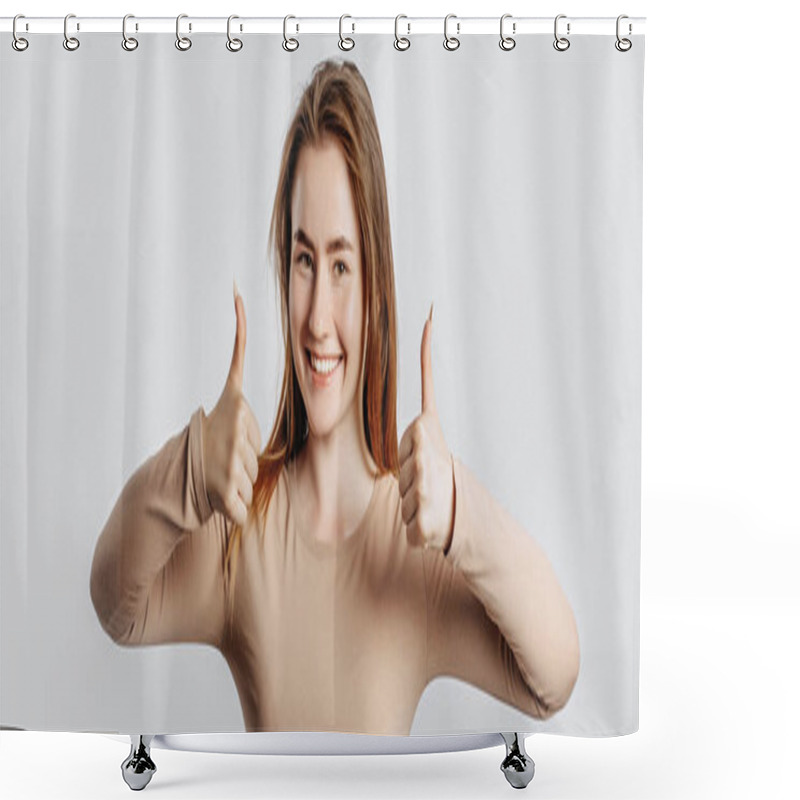 Personality  Beautiful Young Girl Smiling And Shows Thumbs Up Gesture On A White Isolated Background Shower Curtains