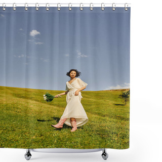 Personality  Carefree Asian Woman In Wedding Dress And Cowboy Boots Walking With Flowers In Green Field Shower Curtains