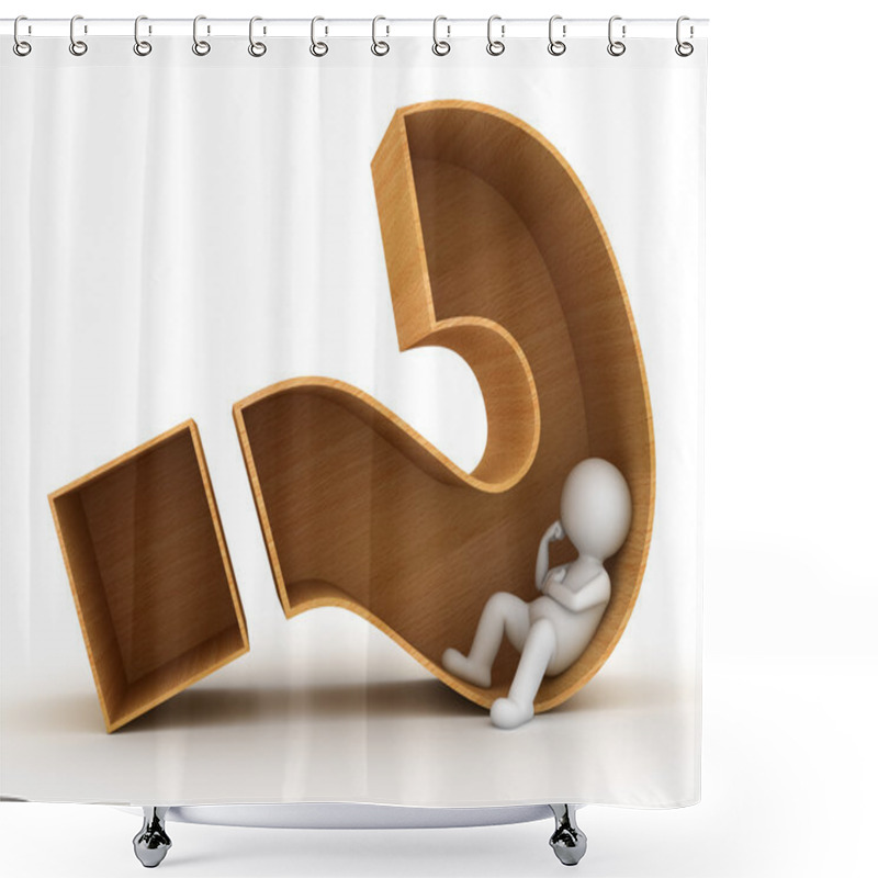 Personality  3d Man Sitting In Wooden Question Mark Box Over White Shower Curtains
