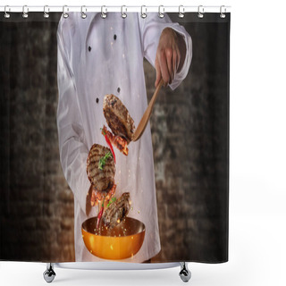 Personality  Closeup Of Chef Preparing Milled Beef Meat On Grill Pan Shower Curtains