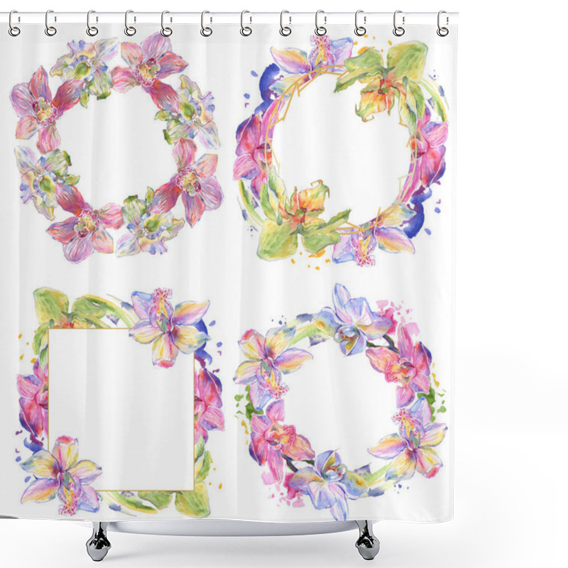 Personality  Orchid Floral Botanical Flowers. Watercolor Background Illustration Set. Frame Border Ornament Square. Shower Curtains