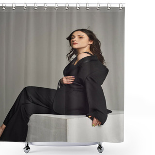 Personality  Stylish Plus Size Woman Sitting Elegantly On A White Block Against A Gray Backdrop, Exuding Confidence And Poise. Shower Curtains
