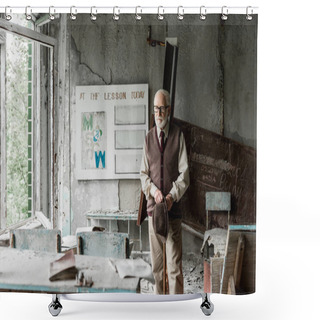 Personality  Selective Focus Of Retired Man Holding Hat While Standing Near Board With Letters  Shower Curtains