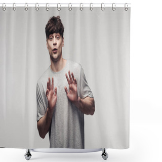 Personality  Scared Man Showing Stop Gesture Isolated On Grey, Human Emotion And Expression Concept Shower Curtains