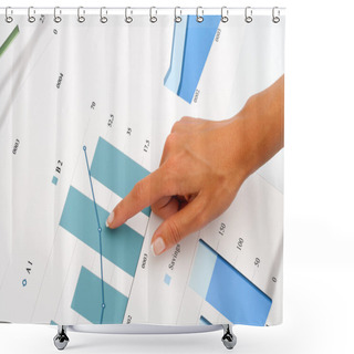 Personality  Female Hand Pointing On Business Graphics. Shower Curtains