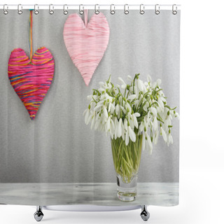 Personality  Beautiful Snowdrops In Vase With Hearts On Grey Background Shower Curtains