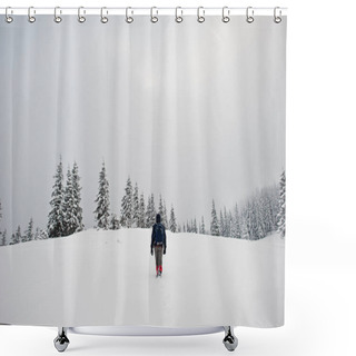 Personality  Man Tourist Photographer With Backpack, At Mountain With Pine Tr Shower Curtains