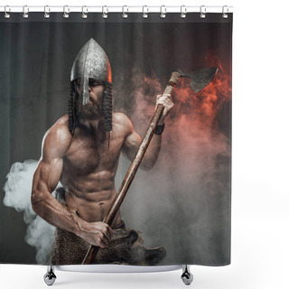 Personality  Warlike Male Viking With Naked Torso In Smoky Background Shower Curtains