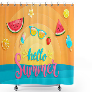 Personality  Hello Summer Greeting Poster With Sea, Sun And Symbols For Summertime Such As Ice-cream, Watermelon, Strawberry, Glasses. Shower Curtains