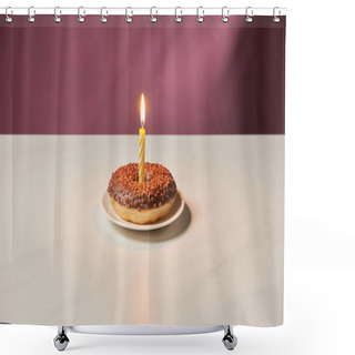 Personality  Burning Candle In Middle Of Doughnut With Icing And Sprinkles On White Table  Shower Curtains