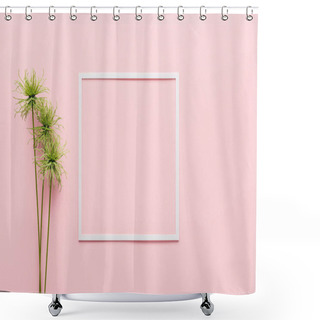 Personality  Flat Lay With White Frame And Green Plant On Pink, Minimalistic Concept  Shower Curtains
