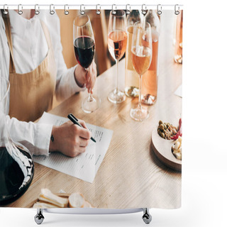 Personality  Cropped View Of Sommelier In Apron Sitting At Table, Holding Wine Glass And Writing In Wine Tasting Document Shower Curtains
