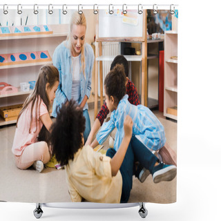 Personality  Selective Focus Of Teacher And Kids Playing Game On Floor In Montessori School Shower Curtains