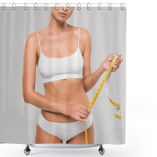 Personality  Partial View Of Beautiful Slim Woman In Underwear Holding Measuring Tape Isolated On Grey Shower Curtains