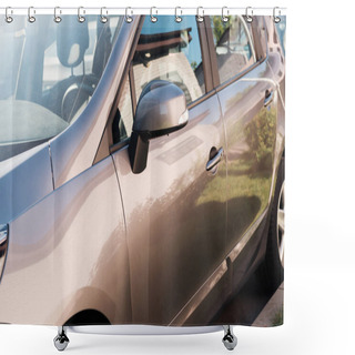 Personality  Close-up View Of Shiny Grey Car Parked On Parking Lot Shower Curtains