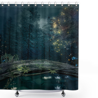 Personality  Enchanted Nature Series - Pond In A Dark Forest With Water Lilies And Shining Lights - 3D Illustration Shower Curtains