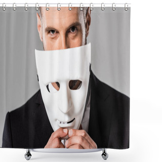 Personality  Cunning Businessman In Black Suit Taking Off White Mask Isolated On Grey Shower Curtains