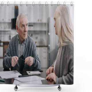 Personality  Senior Couple Sitting At Table With Documents And Wallet Shower Curtains