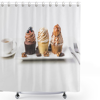 Personality  Close Up View Of Various Cupcakes On Plate, Cup Of Coffee And Cutlery Isolated On White Shower Curtains