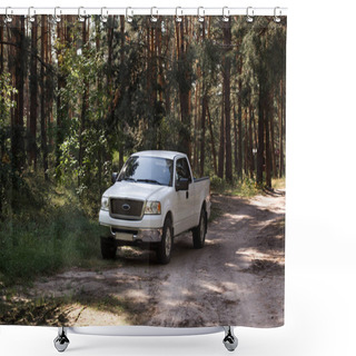 Personality  White Car On Trail In Autumn Forest With Pine Trees Shower Curtains