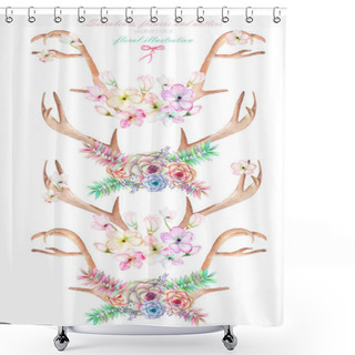 Personality  A Set With The Watercolor Antlers, Horns Entwined By Flowers, Succulents, Leaves And Plants Shower Curtains