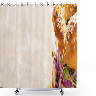 Personality  Fresh Delicious Bagel With Meat, Red Onion, Cream Cheese And Sprouts On Textured Surface, Panoramic Shot Shower Curtains