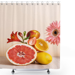 Personality  Floral And Fruit Composition With Gerbera, Alstroemeria, Citrus Fruits, Strawberry And Peach On Beige Background Shower Curtains