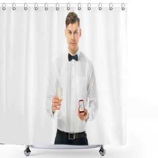Personality  Handsome Groom Holding Glass Of Champagne And Gift Box With Wedding Ring Isolated On White Shower Curtains