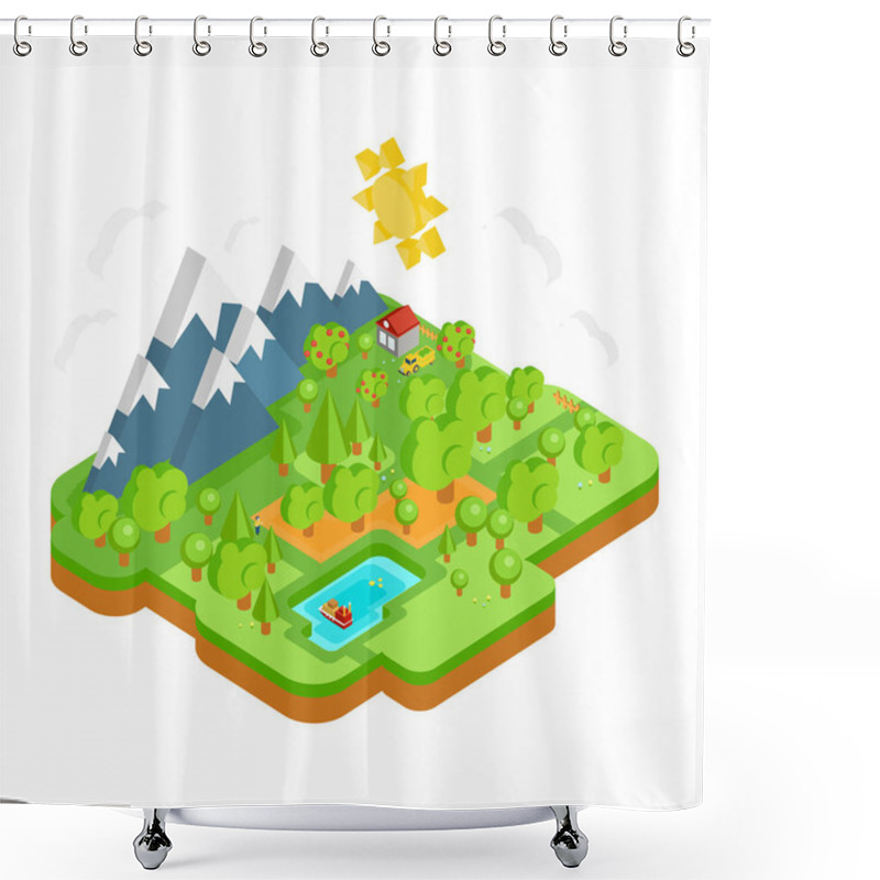 Personality  Natural Landscape With Mountains River And Forest. Vector Flat Isometric 3D Concept. Shower Curtains