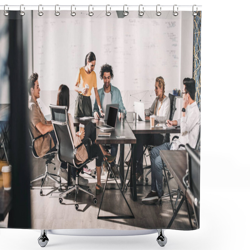 Personality  multiethnic business partners having meeting at table with laptops in modern office  shower curtains