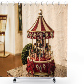 Personality  Classic Vintage Style Old Carillon With Horses Close Up View With Bookeh Background Shower Curtains