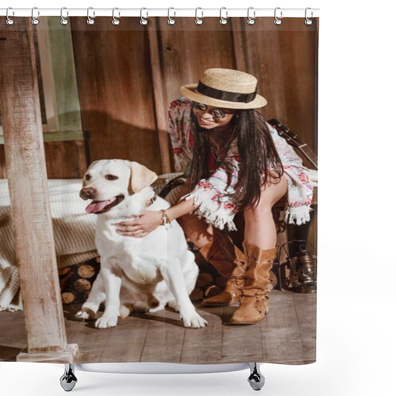 Personality  Woman In Boho Style Petting Dog  Shower Curtains