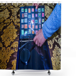 Personality  Man With Magnifying Glass And Tweezers Looking At Different Types Of Stamps From Around The World Shower Curtains