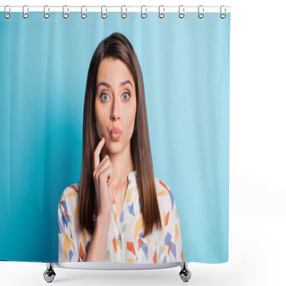 Personality  Photo Of Pretty Young Girl Finger Cheek Look Camera Space Funny Face Lips Wear Geometry Print Shirt Isolated Blue Color Background Shower Curtains