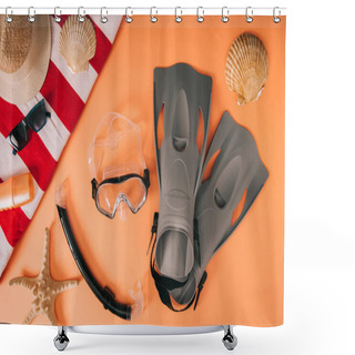Personality  Top View Of Summer Accessories And Diving Equipment On Orange Background With Seashells Shower Curtains