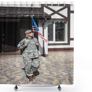 Personality  Serious Military Servicewoman With Backpack Leaving House With American Flag On Background Shower Curtains
