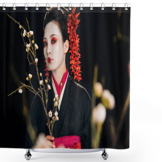 Personality  Selective Focus Of Beautiful Geisha In Black Kimono With Red Flowers In Hair Holding Sakura Branches Isolated On Black Shower Curtains