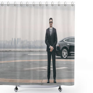 Personality  Serious Bodyguard Standing With Sunglasses And Security Earpiece On Helipad And Looking At Camera Shower Curtains