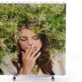 Personality  A Beautiful Young Woman In White Attire, Hands On Face, Surrounded By A Vibrant Array Of Flowers In A Sunlit Field. Shower Curtains