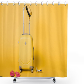 Personality  Bright Yellow Travel Bag, Straw Hat, Pink Flip Flops And Plane Model On Yellow Background Shower Curtains