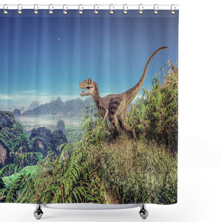 Personality  Velociraptor Dinosaur On  The  Mountain . Shower Curtains