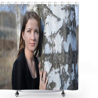 Personality  Long-haired Girl In A Russian Birch Forest, Close-up Shower Curtains