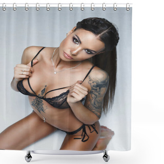 Personality  Woman Wearing Black Fashionable Lingerie Shower Curtains