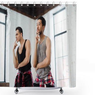 Personality  Pensive Multicultural Men Touching Faces In Dance Studio  Shower Curtains