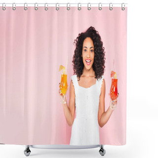 Personality  Cheerful African American Girl Holding Cocktails On Pink  Shower Curtains
