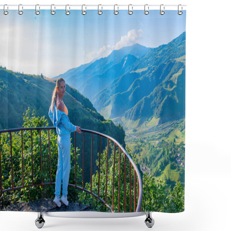 Personality  Courageous Young Woman Standing Confidently On A Mountain Observation Deck, Wearing A Stylish Blue Suit, With A Breathtaking Panoramic View In The Background. Shower Curtains