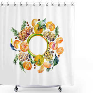 Personality  Vegetable Ornament For Packaging Design. Juicy, Tropical, Tasty, Orange Tangerines And Cedar, Fir, Coniferous Cones And Branches. Ripe Seeds. Watercolor. Illustration Shower Curtains