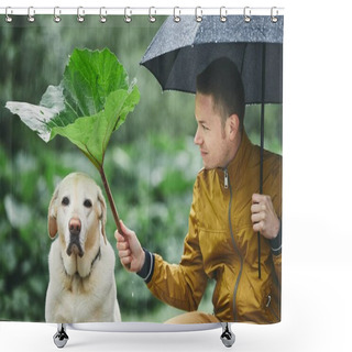 Personality  Rainy Day With Dog In Nature. Young Man With Umbrella Holding Leaf Of Burdock Above His Sad Labrador Retriever. Shower Curtains